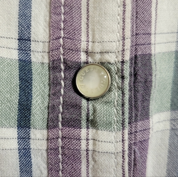 EUC•Guess Plaid Long Sleeve Embroidered Shirt with Pearl Snaps•Medium•💜💚🤍💙 - Picture 11 of 14